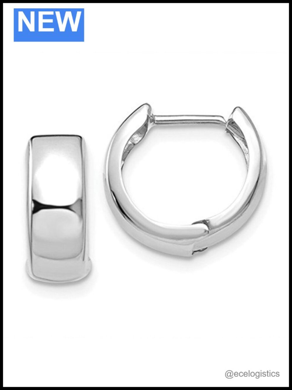 14K White Gold Huggie Hoop Earrings 5mm Wide 13mm Diameter Hinged